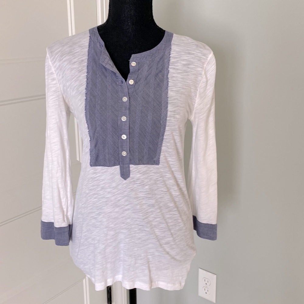 JCrew pullover with chambray detail.
